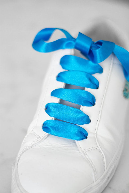 Schoenveters plat satijn luxe - blauw breed