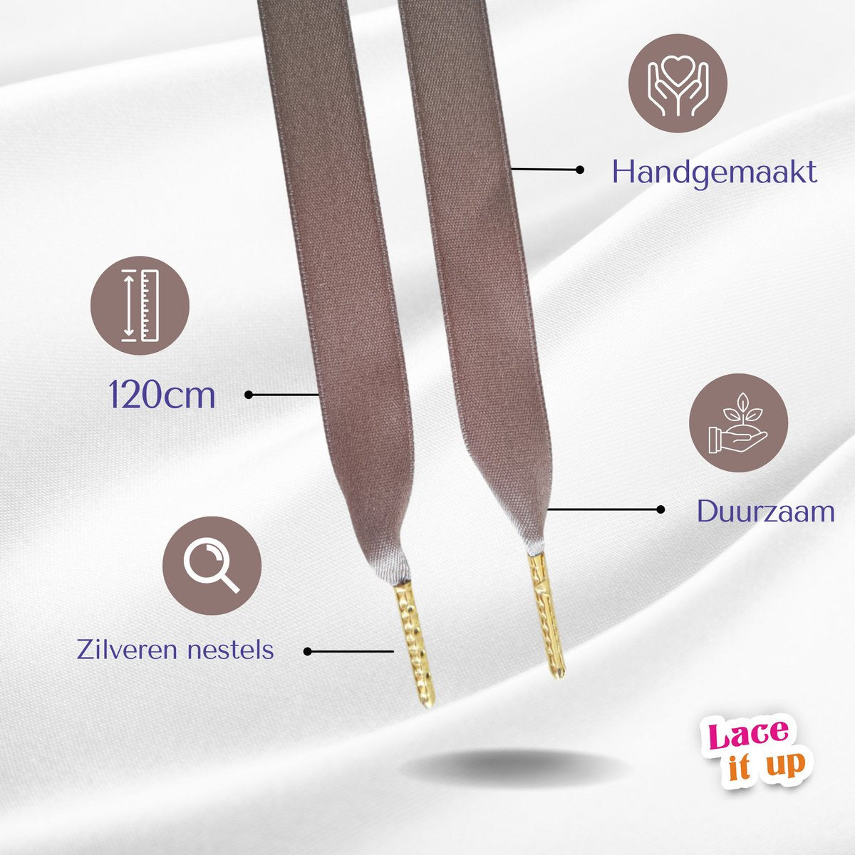 Smoky Silk – satijnen sneaker-veters in donker taupe