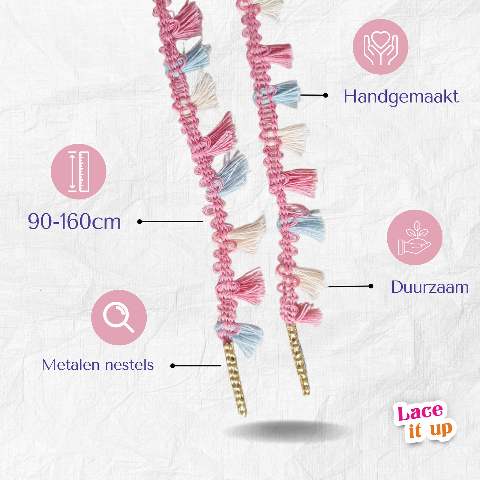 Schoenveters met kwastjes roze-ecru-blauw