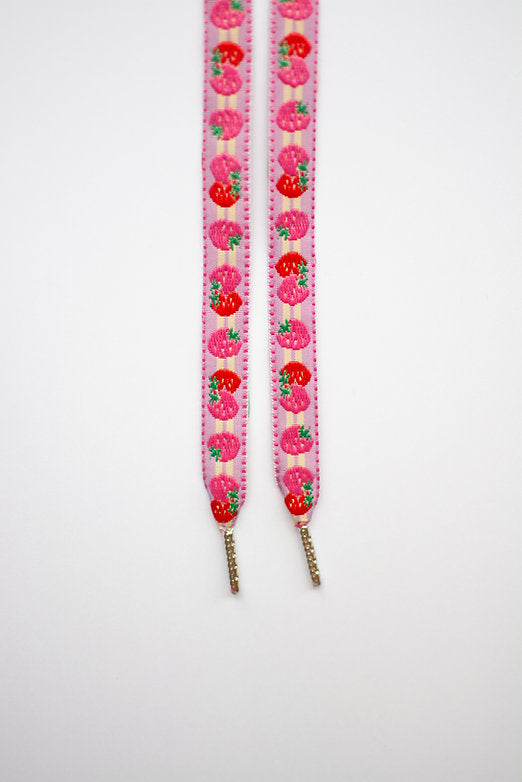 Schoenveters plat - roze met aardbeien jacquard