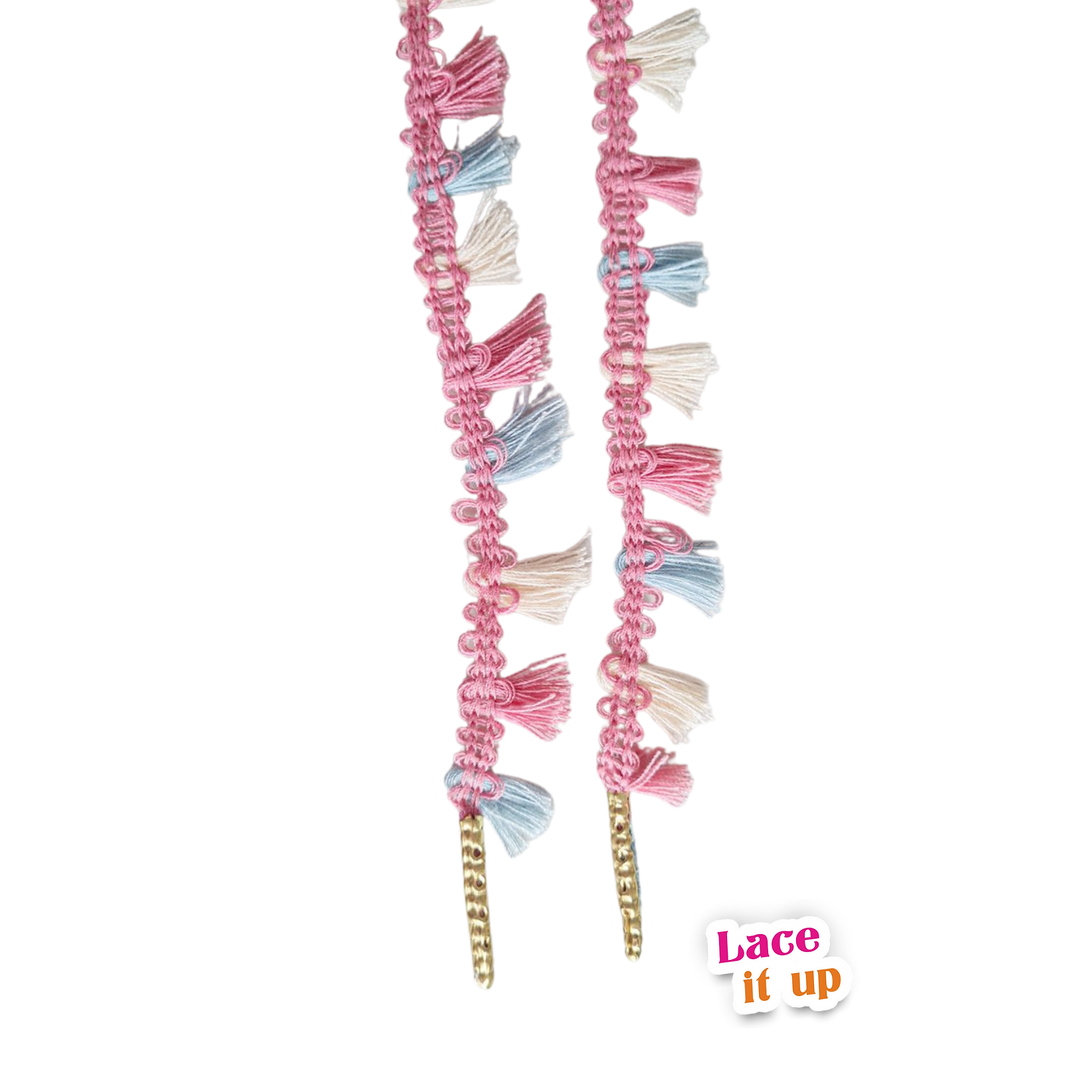 Schoenveters met kwastjes roze-ecru-blauw