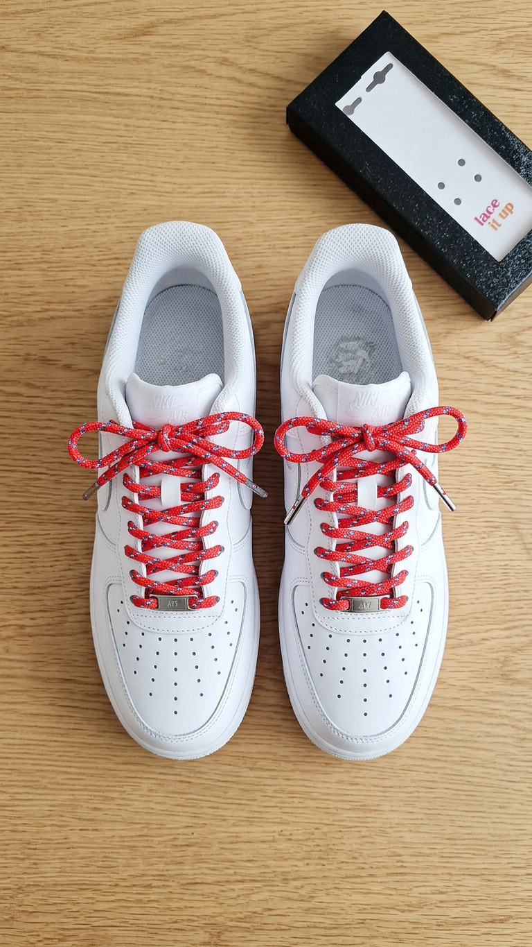 Schoenveters rond - rood met blauwe streepjes