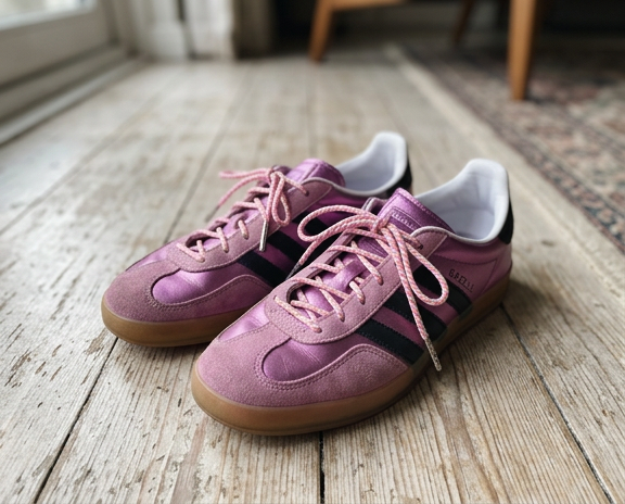 Schoenveters rond koord roze geel gestreept